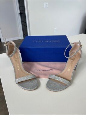 Stuart Weitzman nearlynude silver metallic sparkly crystal open toe sandals heel